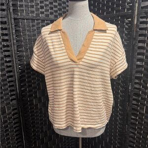Maurices Striped V-Neck Blouse - Cream and Brown